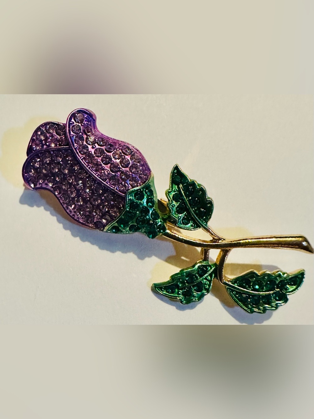 Sparkling Purple and Green Rose Brooch Gold Tone